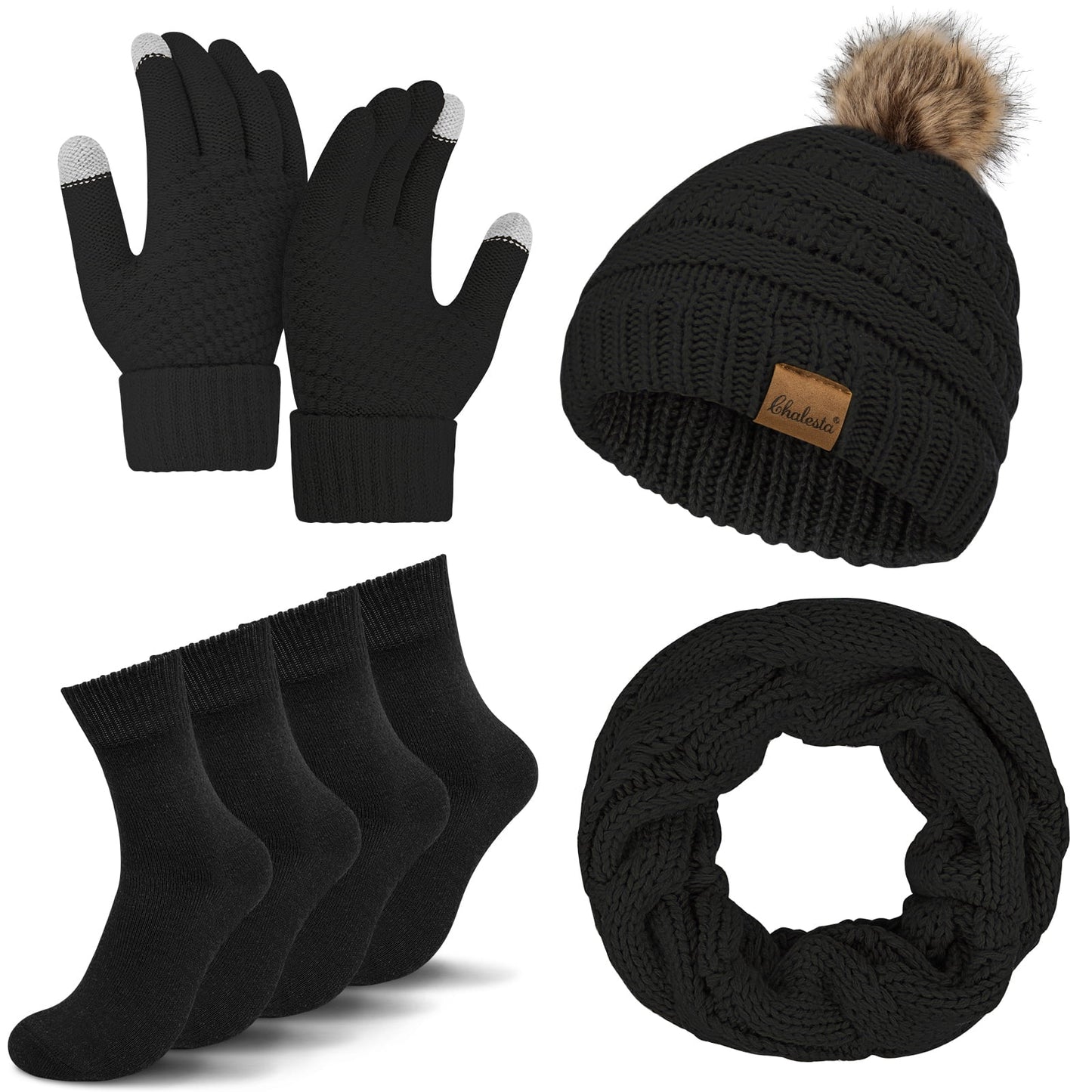 KOITHOT 5 Pcs Women Winter Hat Gloves Scarf Set, Warm Thick Soft Knitted Touch Screen Black