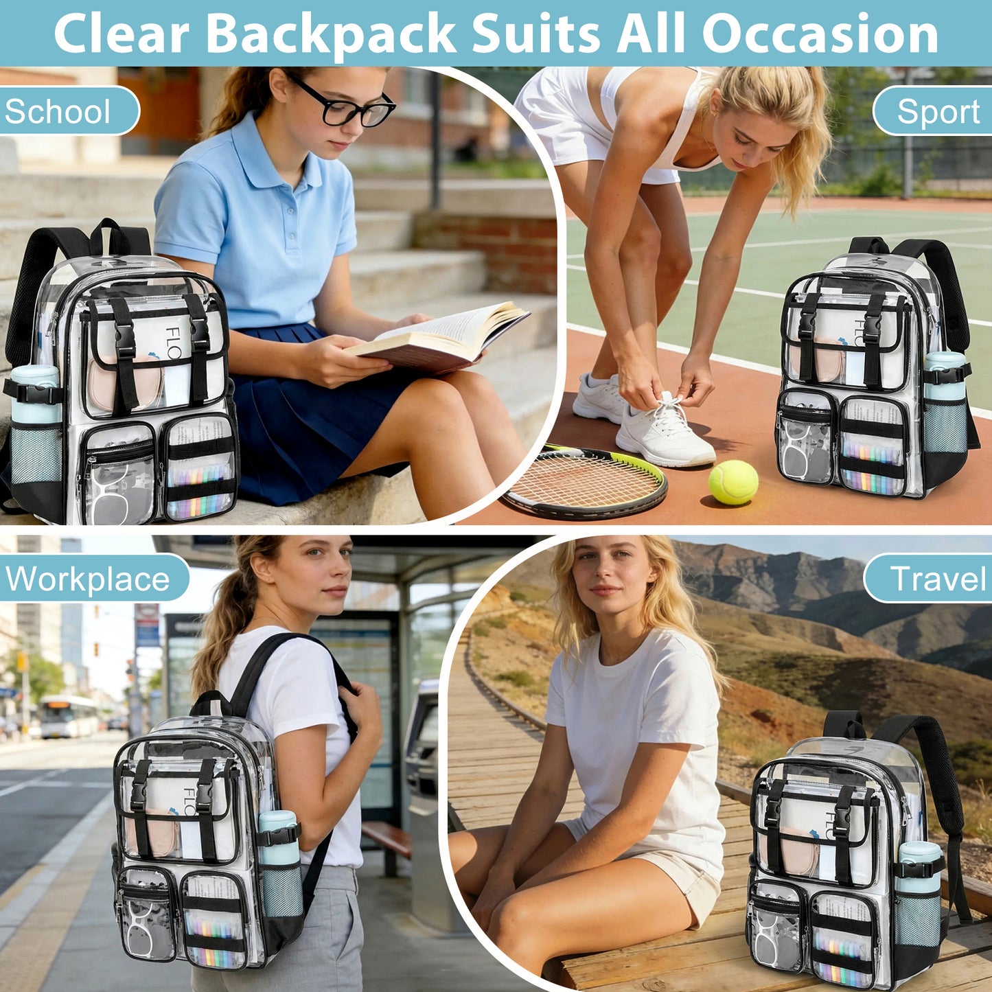 KOITHOT Clear Backpack Heavy Duty, Waterproof PVC Transparent Backpacks for Adults, Book Bag for School Travel