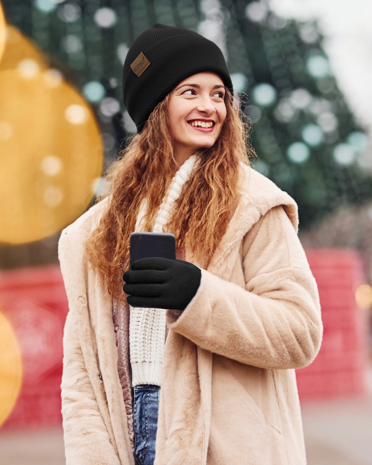 KOITHOT 3 Pcs Winter Satin Silk Lined Beanie Hat Long Knit Scarf Touchscreen Wool Gloves Set for Women Men Black
