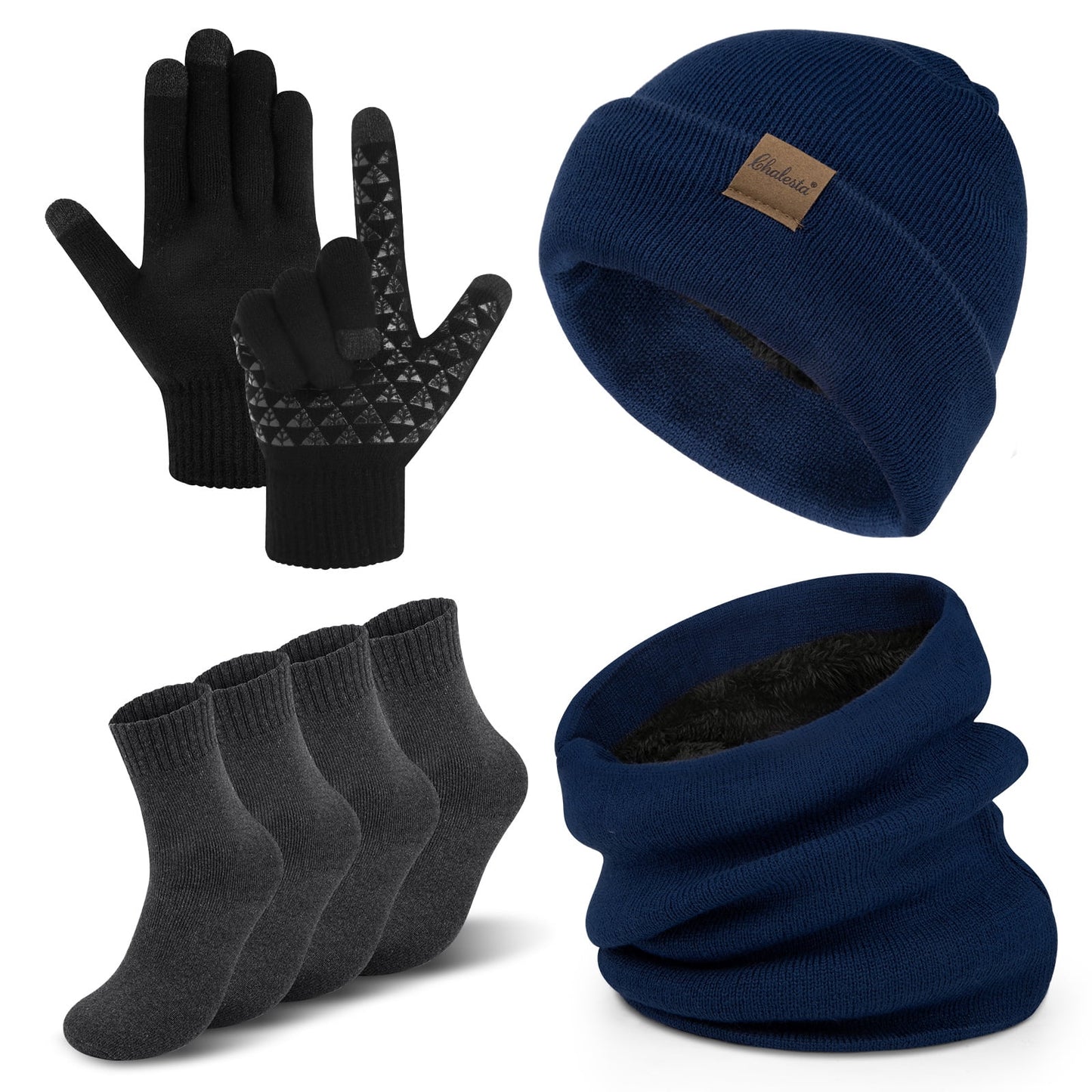 KOITHOT 5 Pcs Winter Beanie Hat Scarf Touchscreen Gloves Set with Wool Socks for Men Women Gray