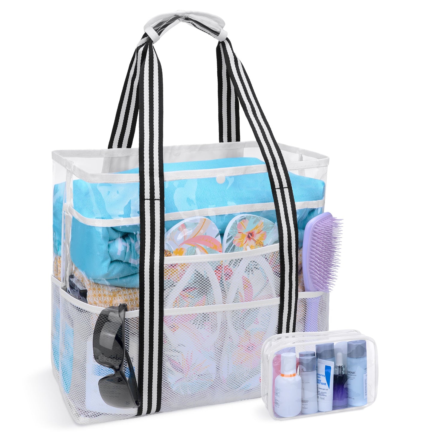 KOITHOT Beach Bag for Women, Large Beach Tote with 10 Pockets and Matching Pouch Clear Waterproof Foldable for Summer Pool Gift