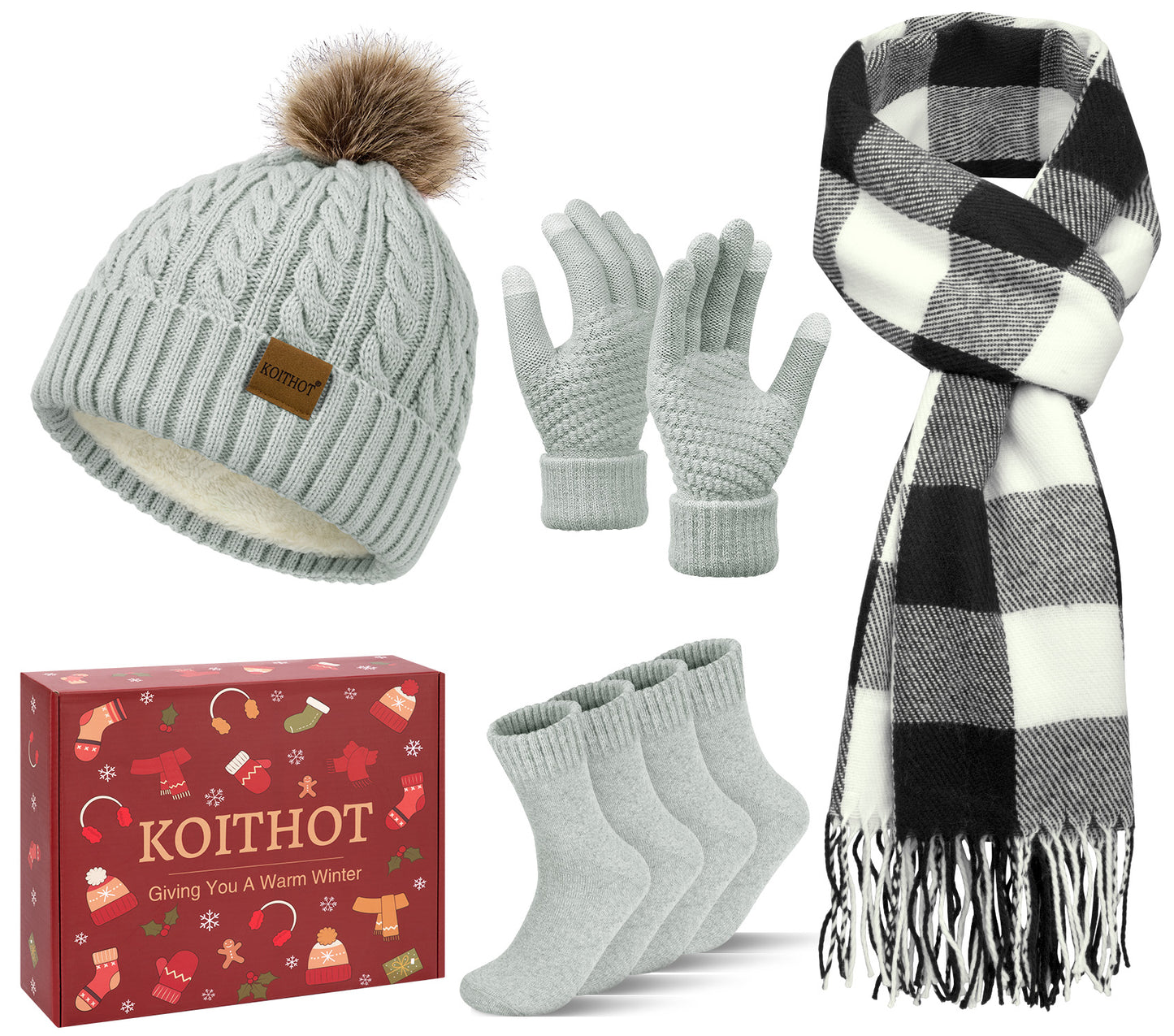KOITHOT 5 Pcs Winter Beanie Hat Long Knit Plaid Scarf Touchscreen Gloves Wool Socks Set with Gift Box for Women Men Black