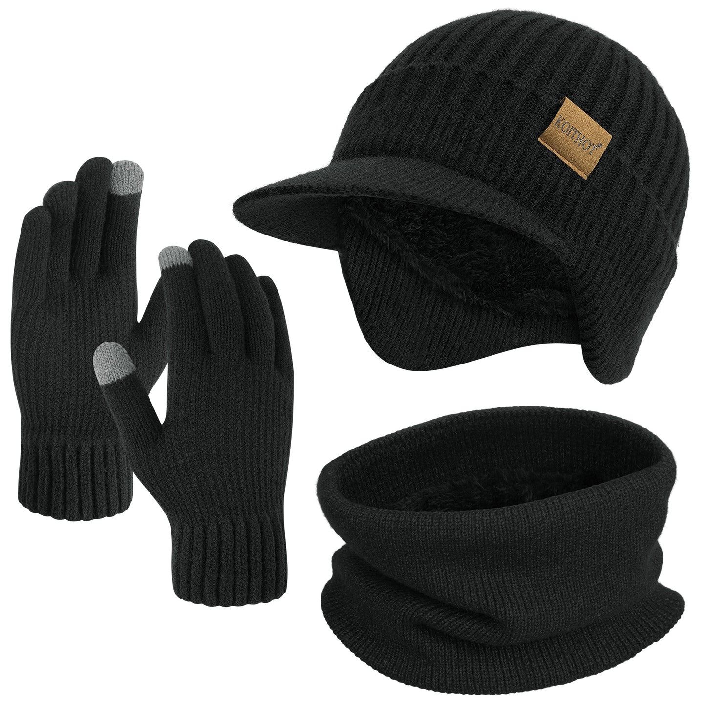 KOITHOT 3 Pcs Winter Beanie Hat with Brim and Ear Flaps Knitted Line Neck Warmer Touchscreen Gloves Set for Men Women Black
