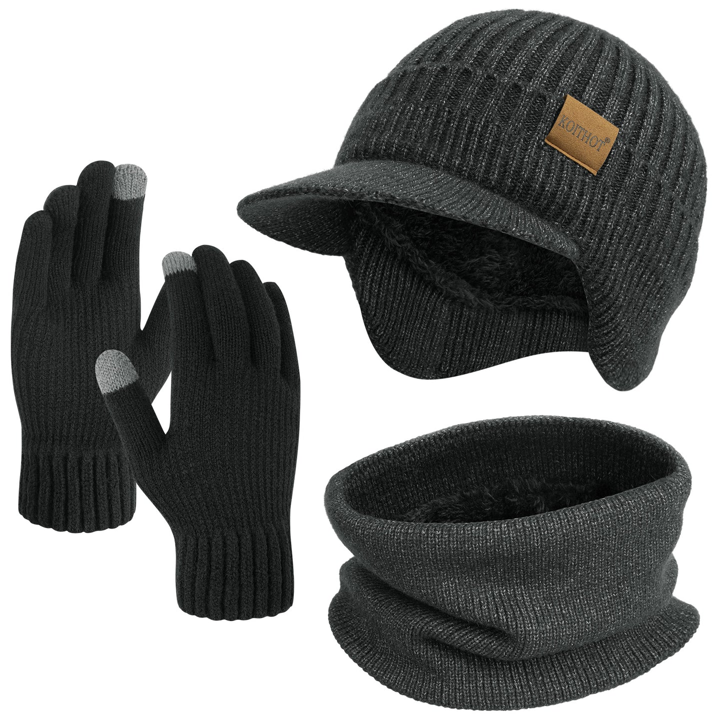 KOITHOT 3 Pcs Winter Beanie Hat with Brim and Ear Flaps Knitted Line Neck Warmer Touchscreen Gloves Set for Men Women Black