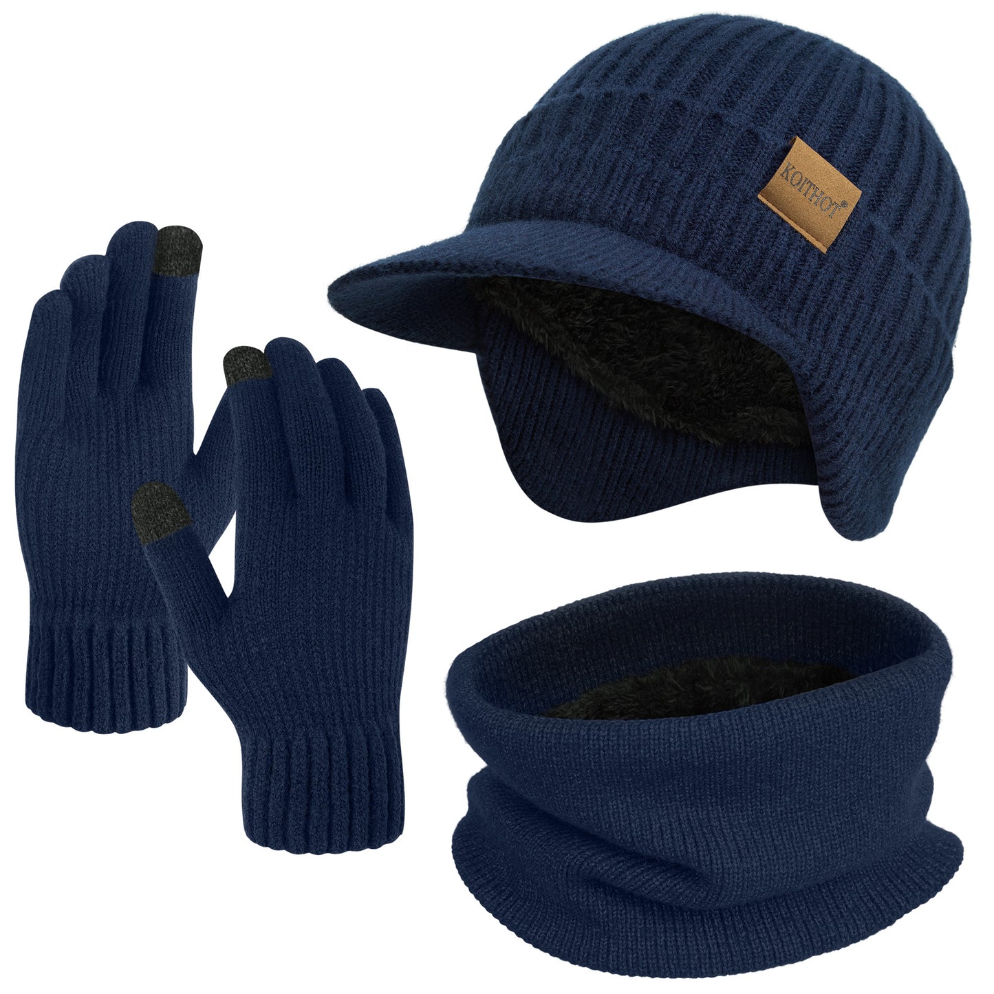 KOITHOT 3 Pcs Winter Beanie Hat with Brim and Ear Flaps Knitted Line Neck Warmer Touchscreen Gloves Set for Men Women Black