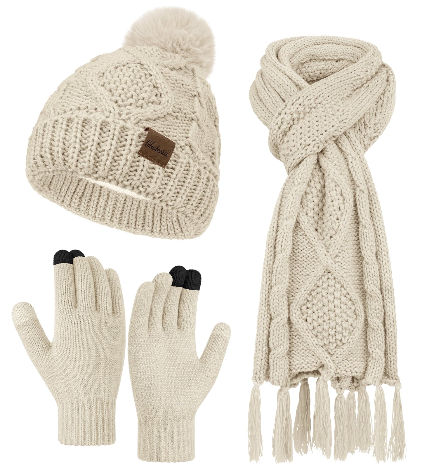 KOITHOT 3 Pieces Women Winter Hat Gloves Scarf Set, Soft Warm Thick Touch Screen Knitted Black