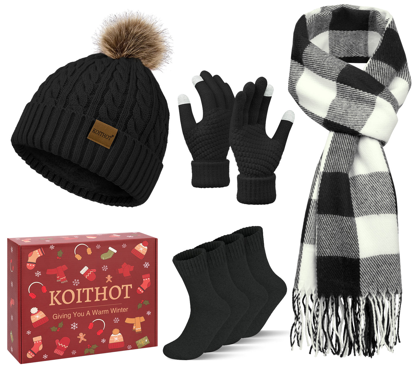KOITHOT 5 Pcs Winter Beanie Hat Long Knit Plaid Scarf Touchscreen Gloves Wool Socks Set with Gift Box for Women Men Black