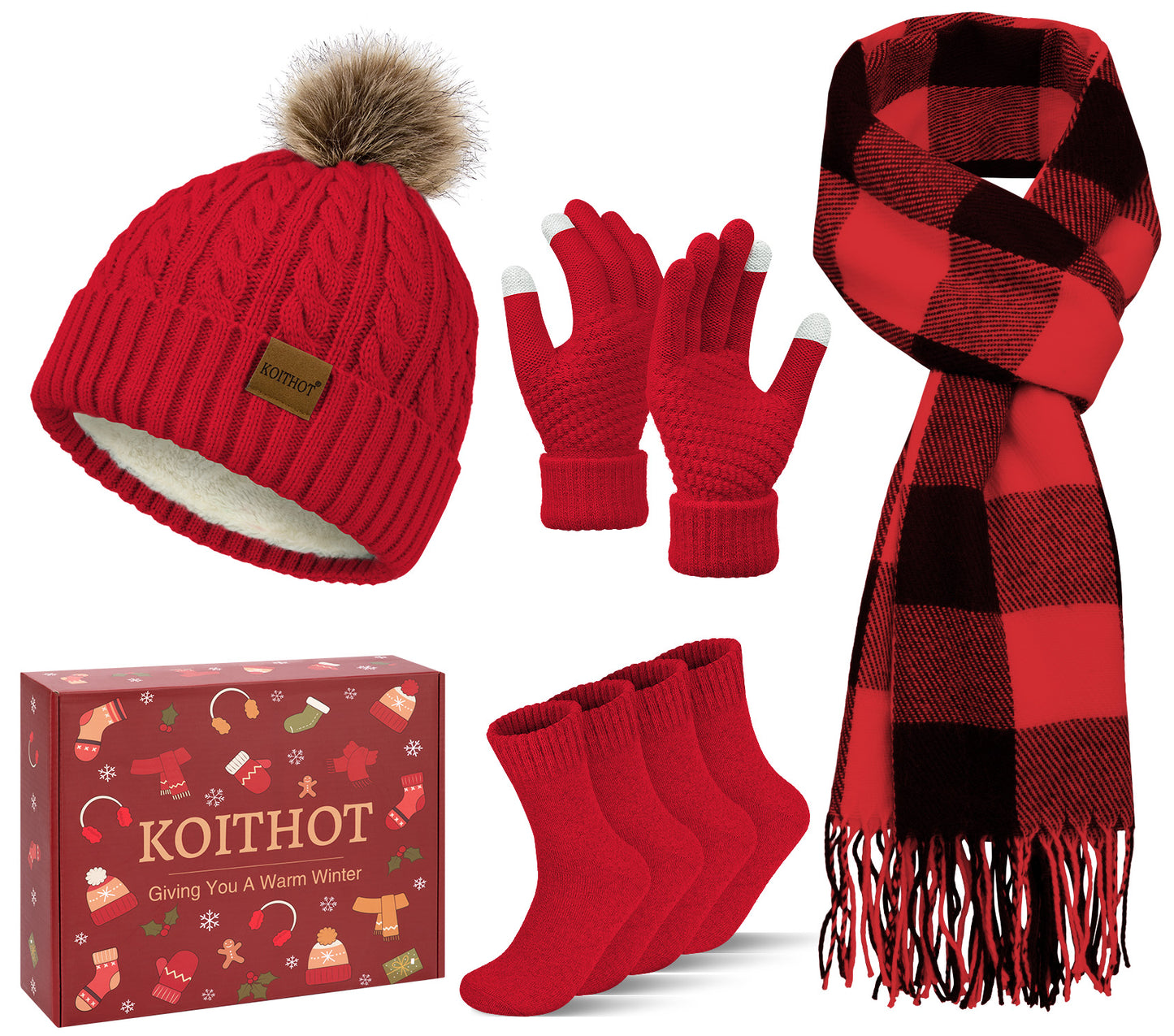KOITHOT 5 Pcs Winter Beanie Hat Long Knit Plaid Scarf Touchscreen Gloves Wool Socks Set with Gift Box for Women Men Black