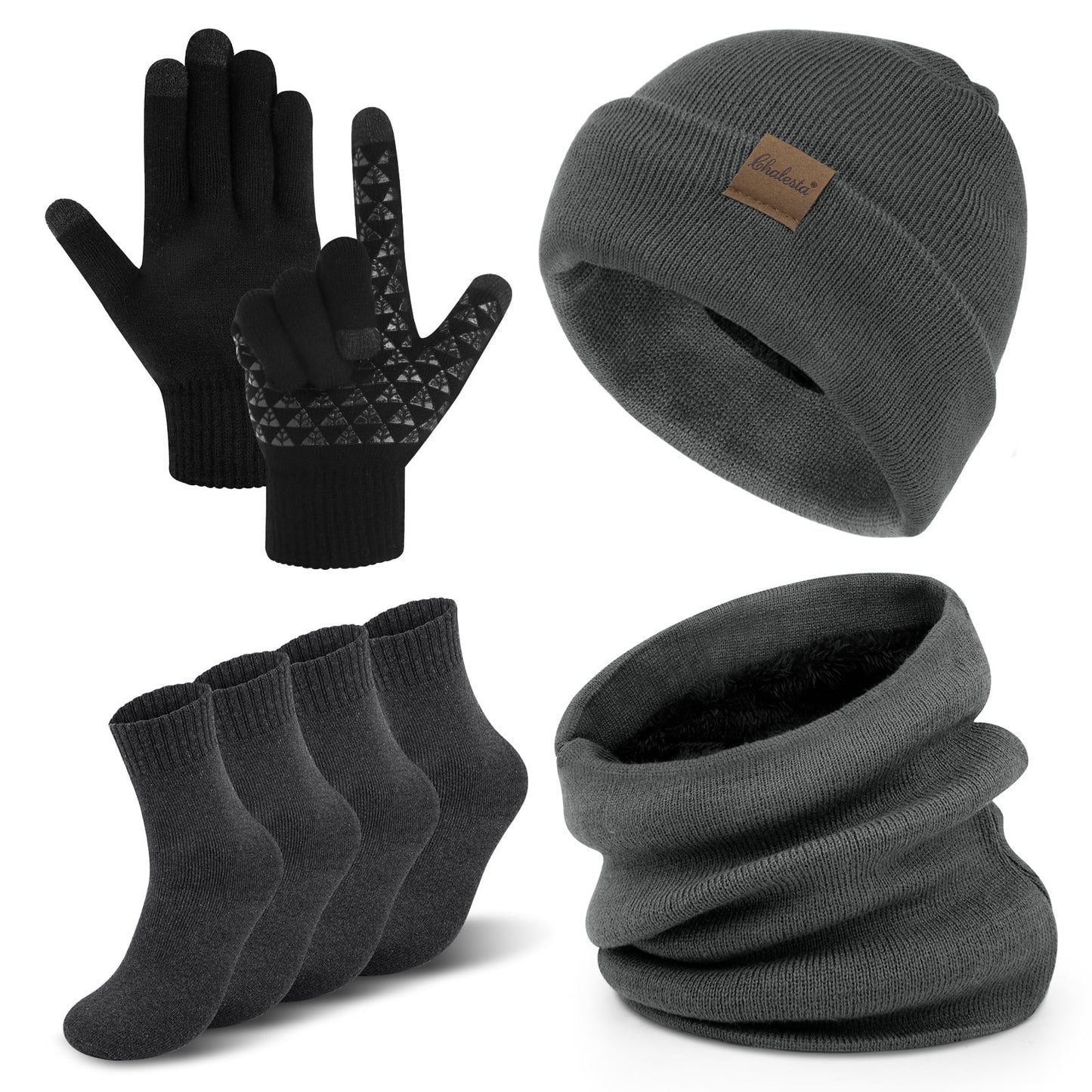 KOITHOT 5 Pcs Winter Beanie Hat Scarf Touchscreen Gloves Set with Wool Socks for Men Women Gray