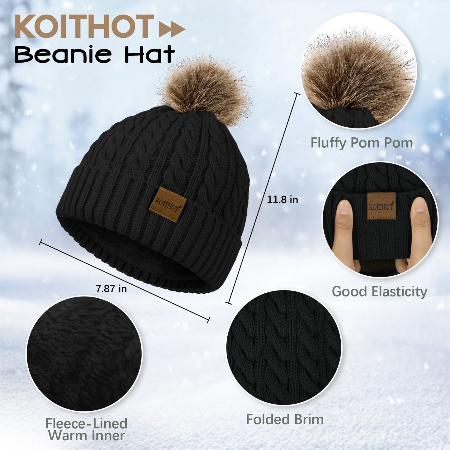KOITHOT 5 Pcs Winter Beanie Hat Long Knit Plaid Scarf Touchscreen Gloves Wool Socks Set with Gift Box for Women Men Black