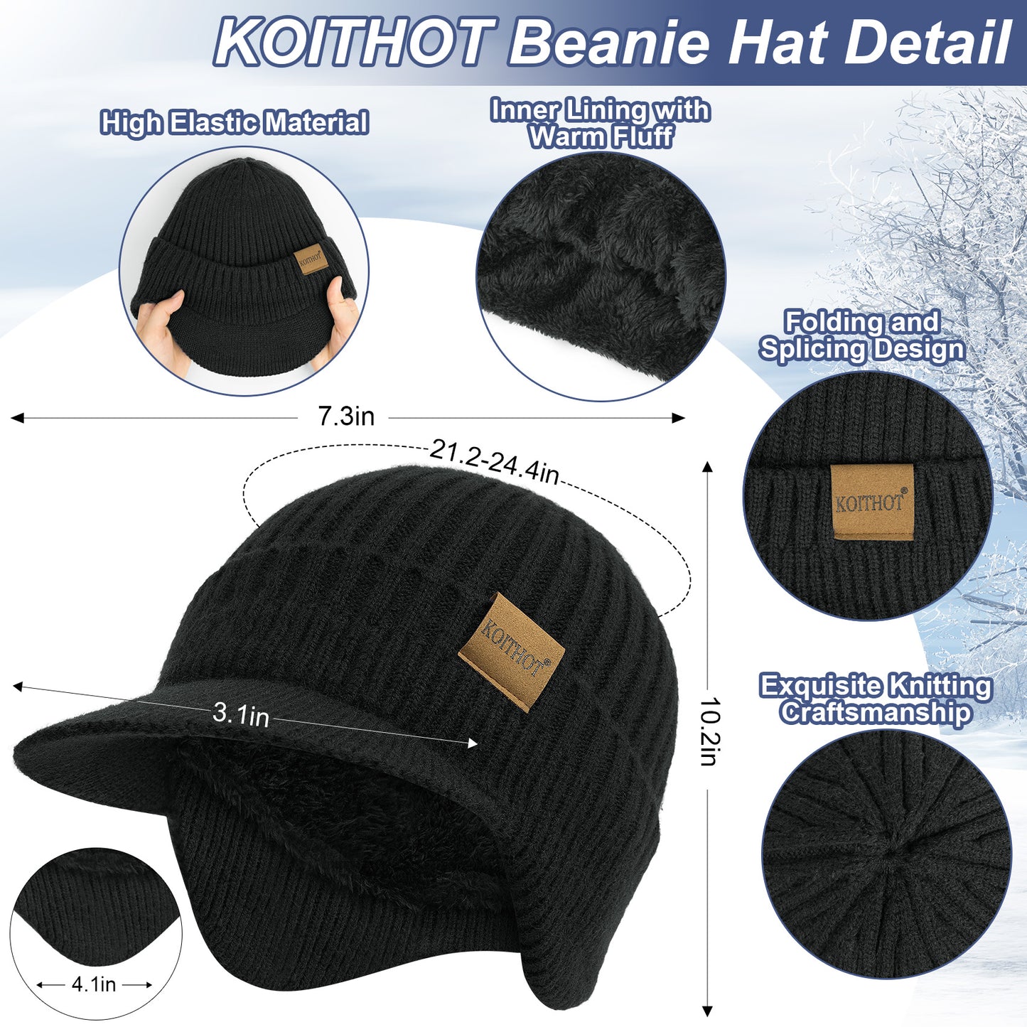 KOITHOT 3 Pcs Winter Beanie Hat with Brim and Ear Flaps Knitted Line Neck Warmer Touchscreen Gloves Set for Men Women Black