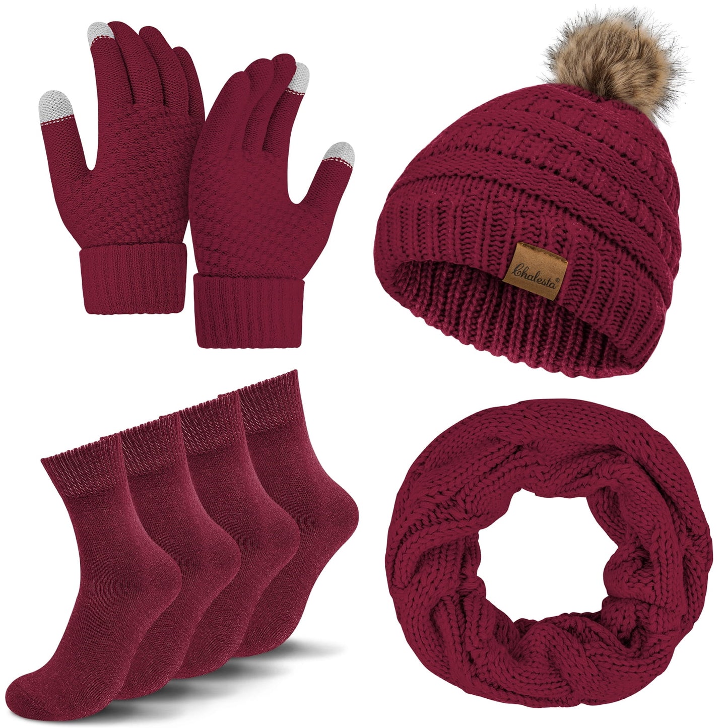 KOITHOT 5 Pcs Women Winter Hat Gloves Scarf Set, Warm Thick Soft Knitted Touch Screen Black