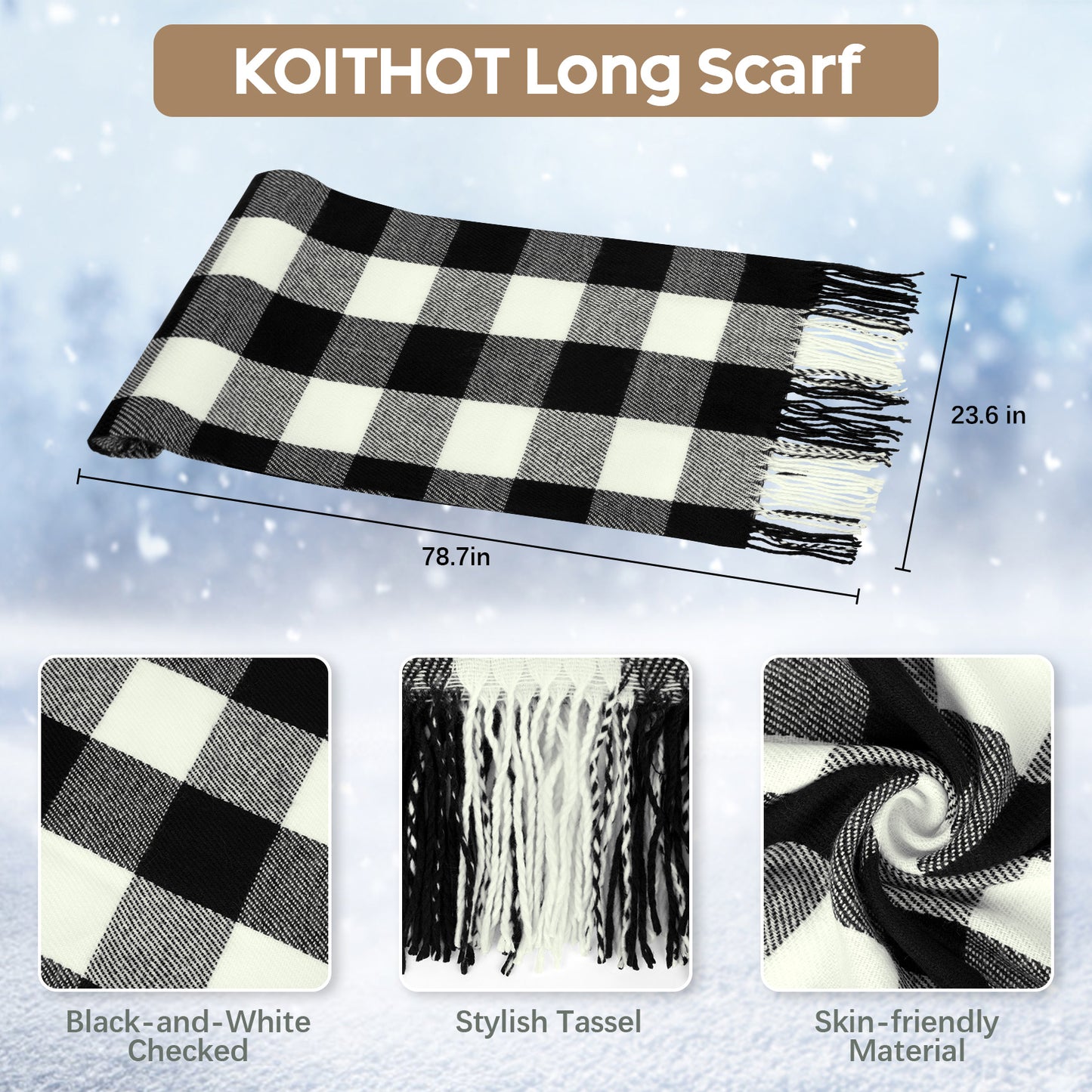 KOITHOT 5 Pcs Winter Beanie Hat Long Knit Plaid Scarf Touchscreen Gloves Wool Socks Set with Gift Box for Women Men Black