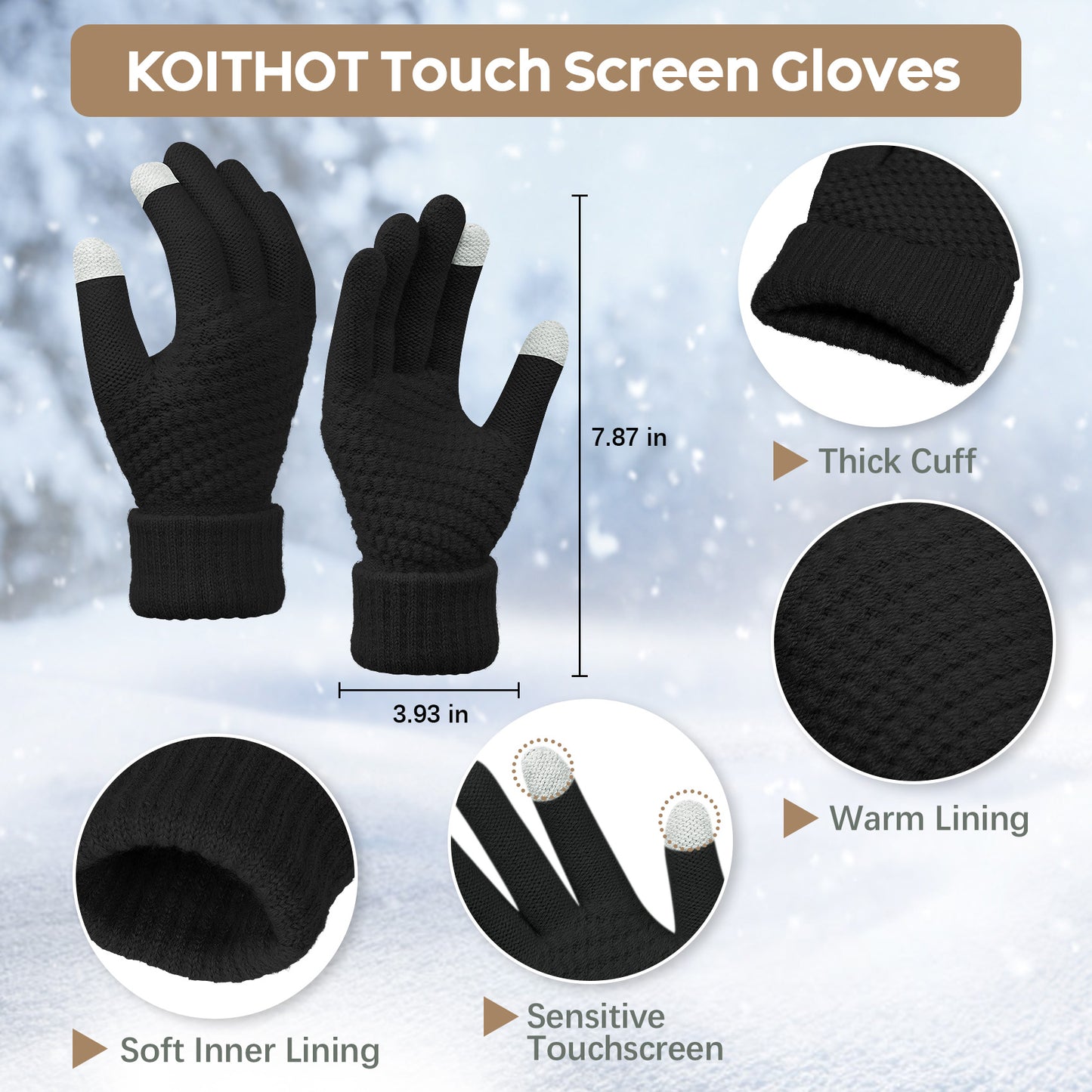 KOITHOT 5 Pcs Winter Beanie Hat Long Knit Plaid Scarf Touchscreen Gloves Wool Socks Set with Gift Box for Women Men Black