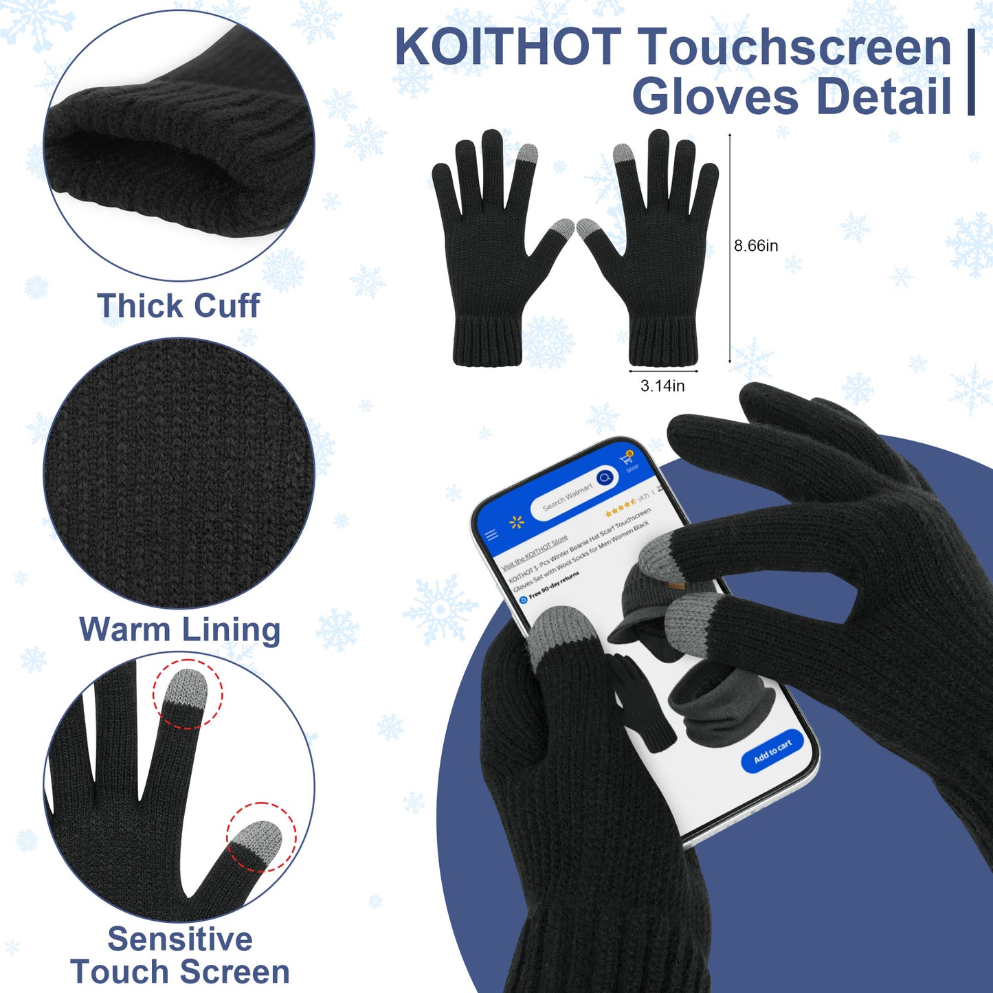 KOITHOT 3 Pcs Winter Beanie Hat with Brim and Ear Flaps Knitted Line Neck Warmer Touchscreen Gloves Set for Men Women Black