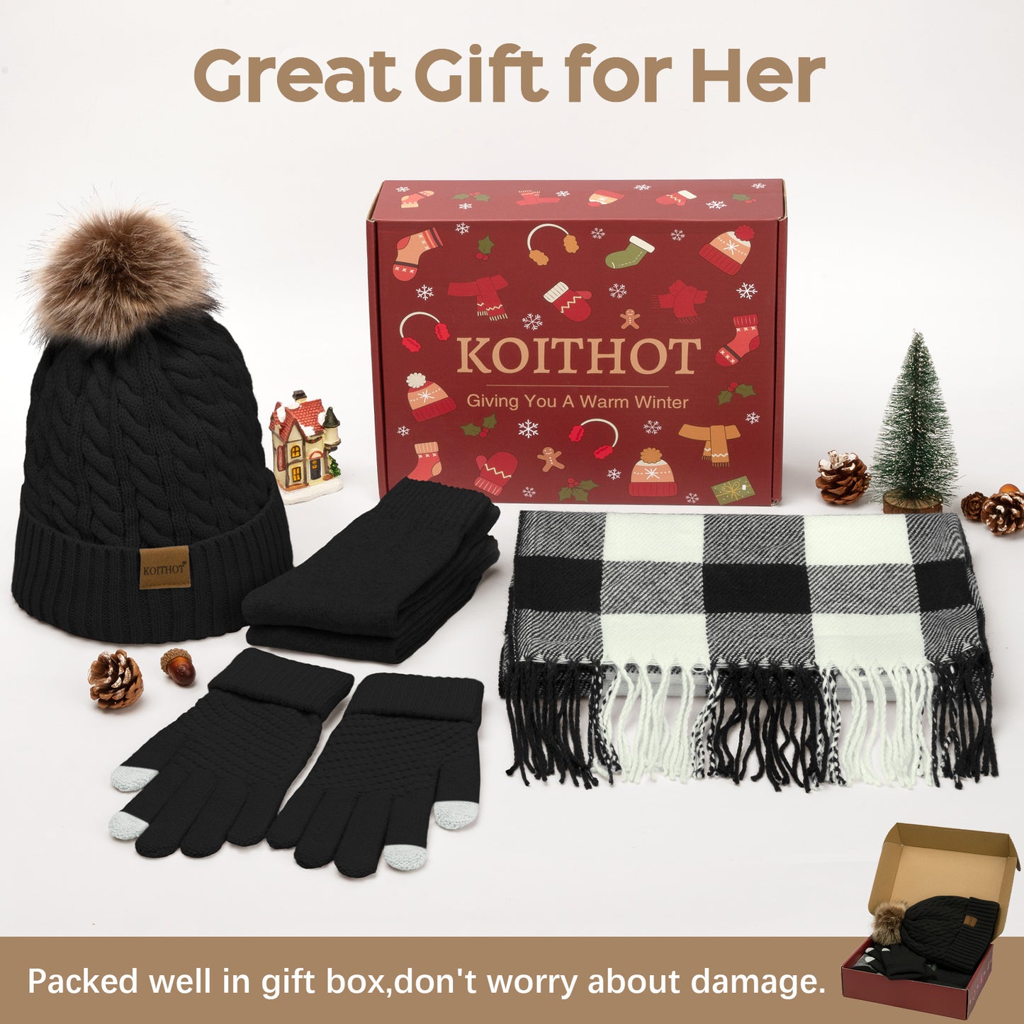 KOITHOT 5 Pcs Winter Beanie Hat Long Knit Plaid Scarf Touchscreen Gloves Wool Socks Set with Gift Box for Women Men Black
