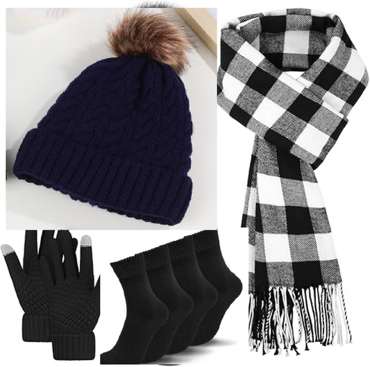 KOITHOT 5 Pcs Winter Women Hat Scarf Gloves Socks Set, Warm Knit Beanie Hat Touch Screen Gloves Long Knitted Plaid Scarf Gifts