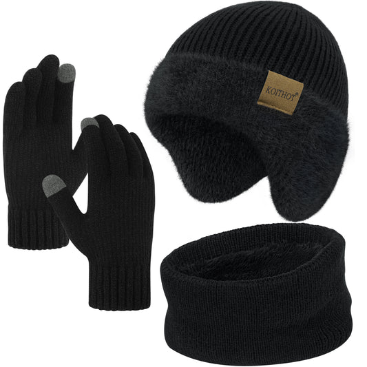 KOITHOT 3 Pcs Winter Beanie Hat with Ear Flaps Knitted Neck Warmer Touchscreen Gloves Set for Men Women Black