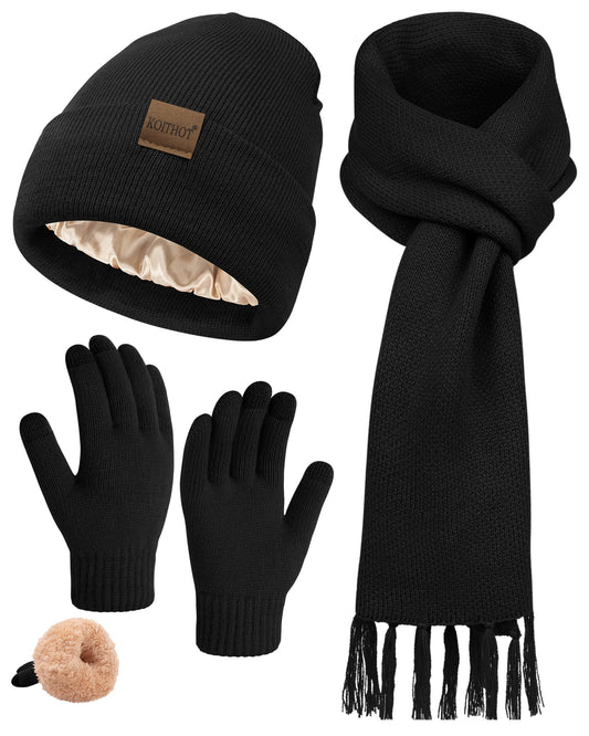 KOITHOT 3 Pcs Winter Satin Silk Lined Beanie Hat Long Knit Scarf Touchscreen Wool Gloves Set for Women Men Black