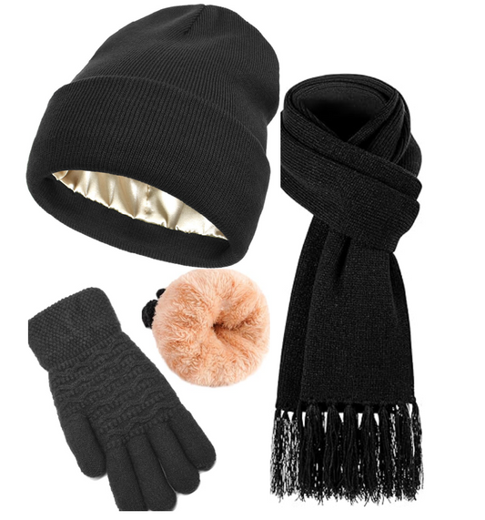 KOITHOT Women Winter Beanie Scarf Gloves Set, Satin Lined Silk Lined Winter Hats Long Knit Scarf Touchscreen Gloves for Women Men