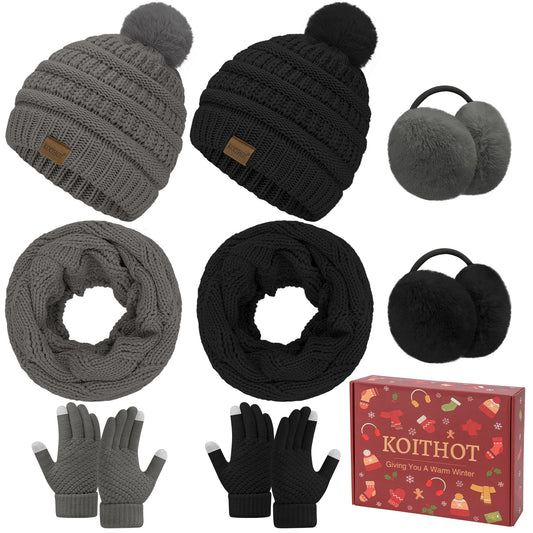 KOITHOT 8 Pcs Winter Beanie Hat Neck Warmer Earmuff  Touchscreen Gloves Set with Gift Box for Women Men Black and Dark Gray