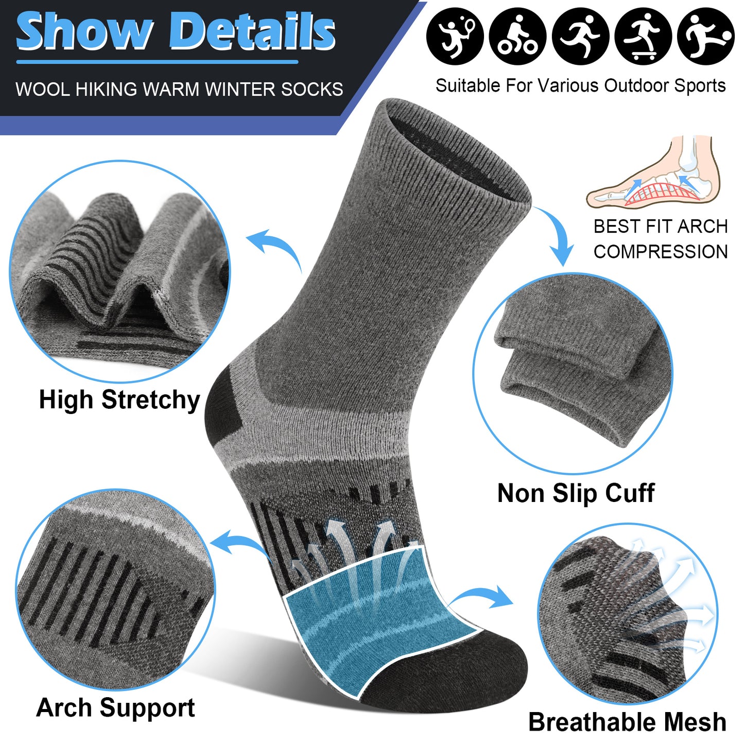 KOITHOT 6 Pairs Men Wool Socks Thermal Winter Warm Outdoor Work Boot Hiking Socks for Men & Women