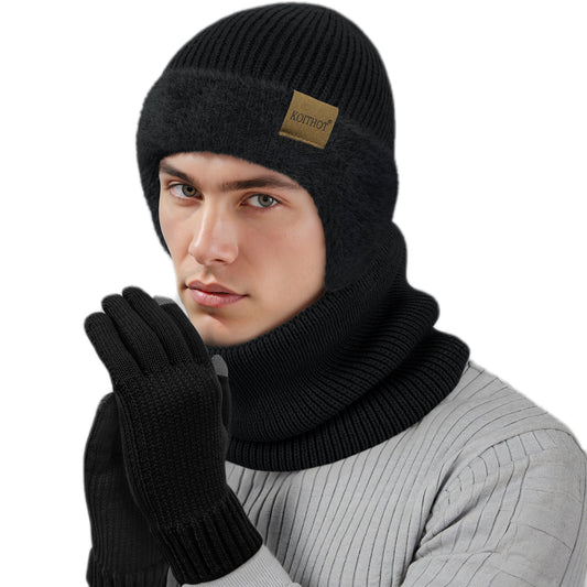KOITHOT 3 Pcs Winter Beanie Hat with Ear Flaps Knitted Neck Warmer Touchscreen Gloves Set for Men Women Black