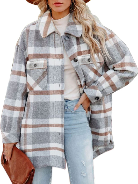 Chalesta Womens Button Down Flannel Shirts Long Sleeve Plaid Shackets Casual Jacket Coats with Pockets