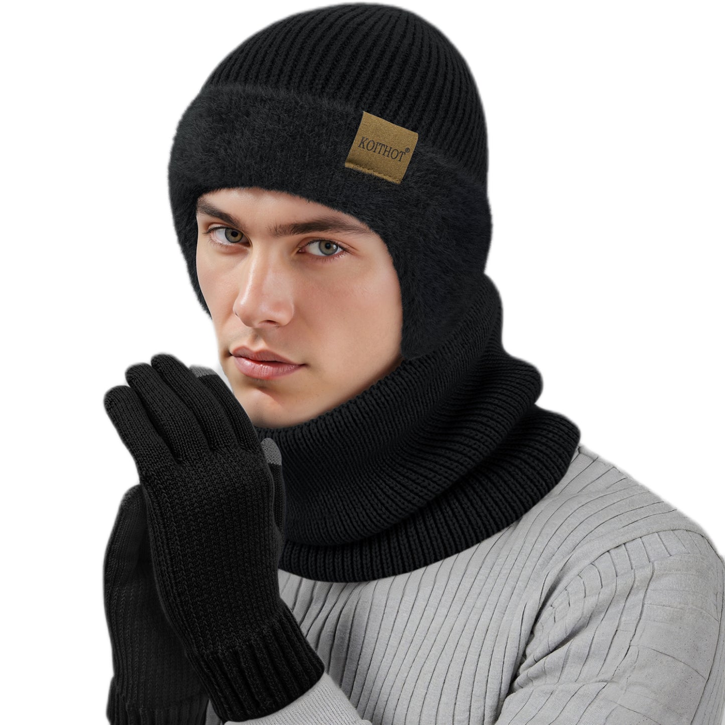 KOITHOT 3 Pcs Winter Beanie Hat with Ear Flaps Knitted Neck Warmer Touchscreen Gloves Set for Men Women Black