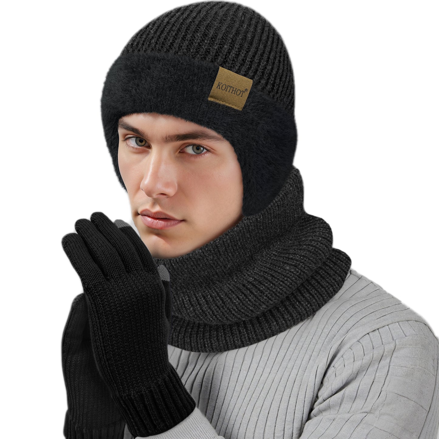 KOITHOT 3 Pcs Winter Beanie Hat with Ear Flaps Knitted Neck Warmer Touchscreen Gloves Set for Men Women Black