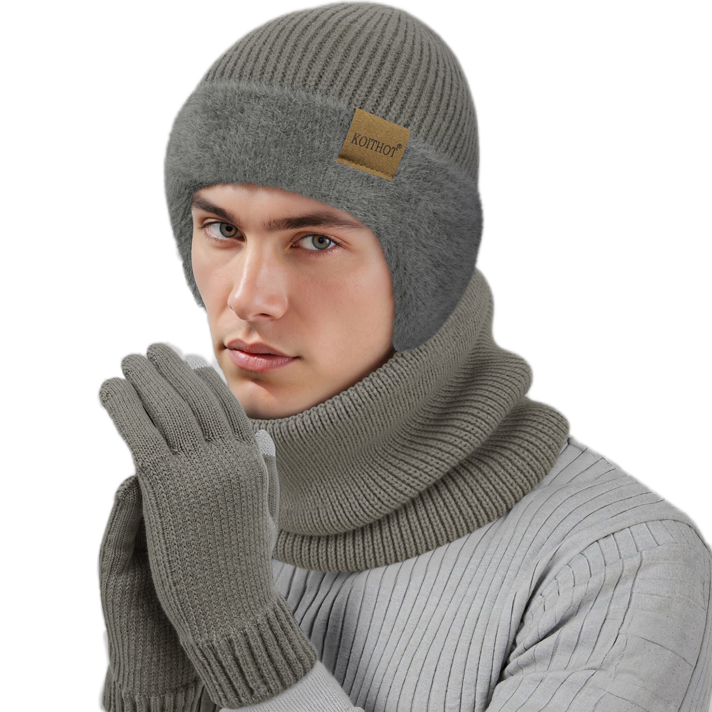 KOITHOT 3 Pcs Winter Beanie Hat with Ear Flaps Knitted Neck Warmer Touchscreen Gloves Set for Men Women Black