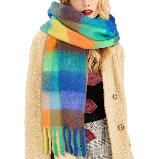 KOITHOT Winter Womens Scarf, Big Coloured Checked Soft Thick Warm Scarves Rainbow