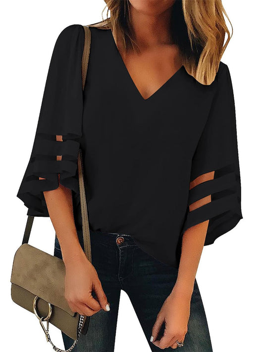 Women's V Neck Mesh Panel Blouse 3/4 Bell Sleeve Loose Top Shirt