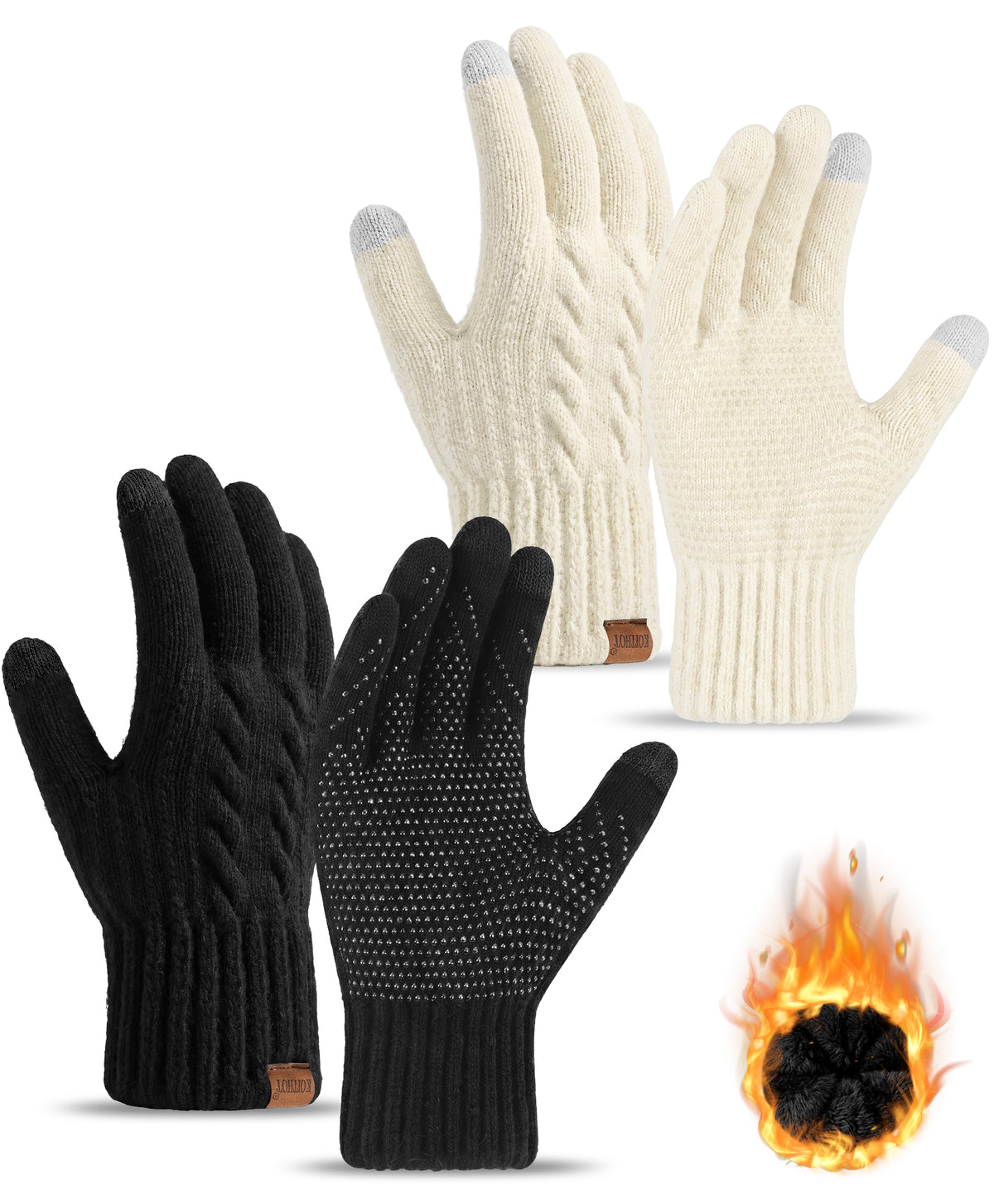 KOITHOT 2 Pairs Winter Gloves for Women Thick Lined Touch Screen Knit Warm Gloves for Cold Weather