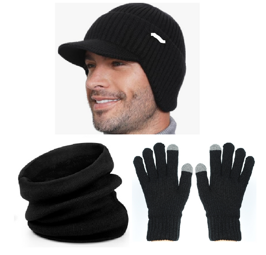 KOITHOT Winter Beanie Hat with Brim and Earflap Scarf Touchscreen Gloves Set for Men Women Warm Outdoor