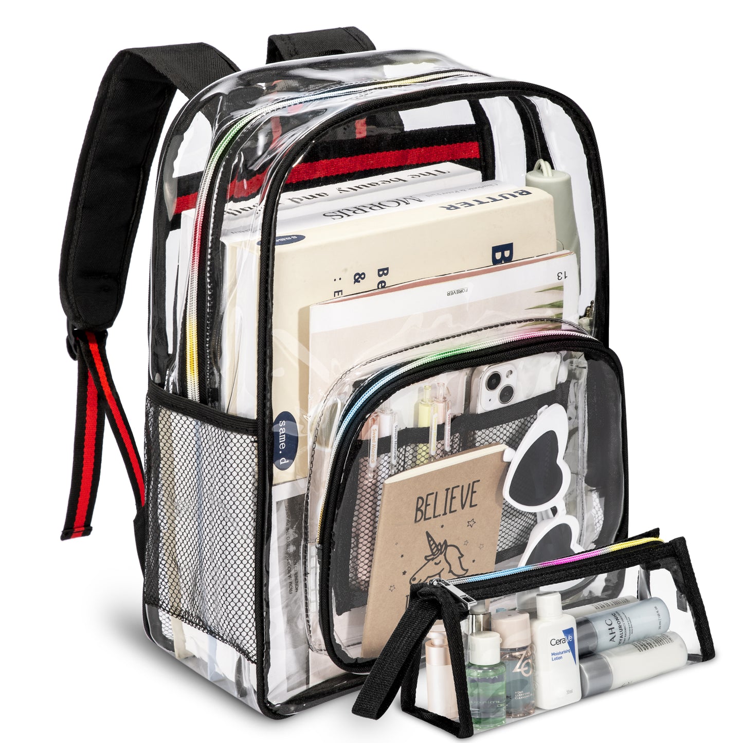 KOITHOT Clear Backpacks Heavy Duty Large Capacity Transparent Waterproof Bookbags with Matching Pouch for School Stadium College