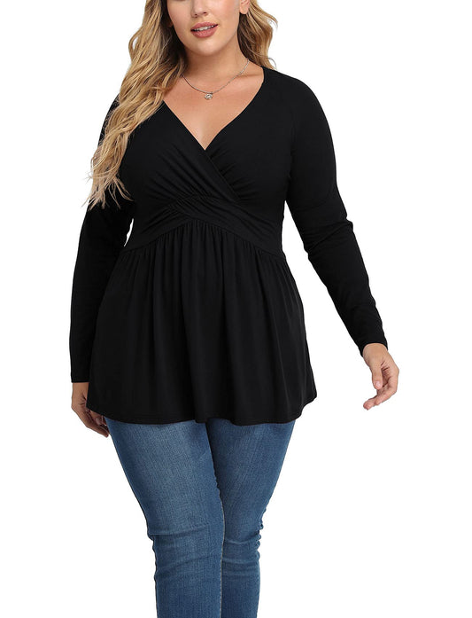Chalesta Women Plus Size Shirt Long Sleeve Floral Print Tops Pleated Casual V Neck Tunic Top