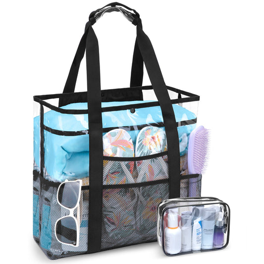 KOITHOT Beach Bag for Women, Large Beach Tote with 10 Pockets and Matching Pouch Clear Waterproof Foldable for Summer Pool Gift