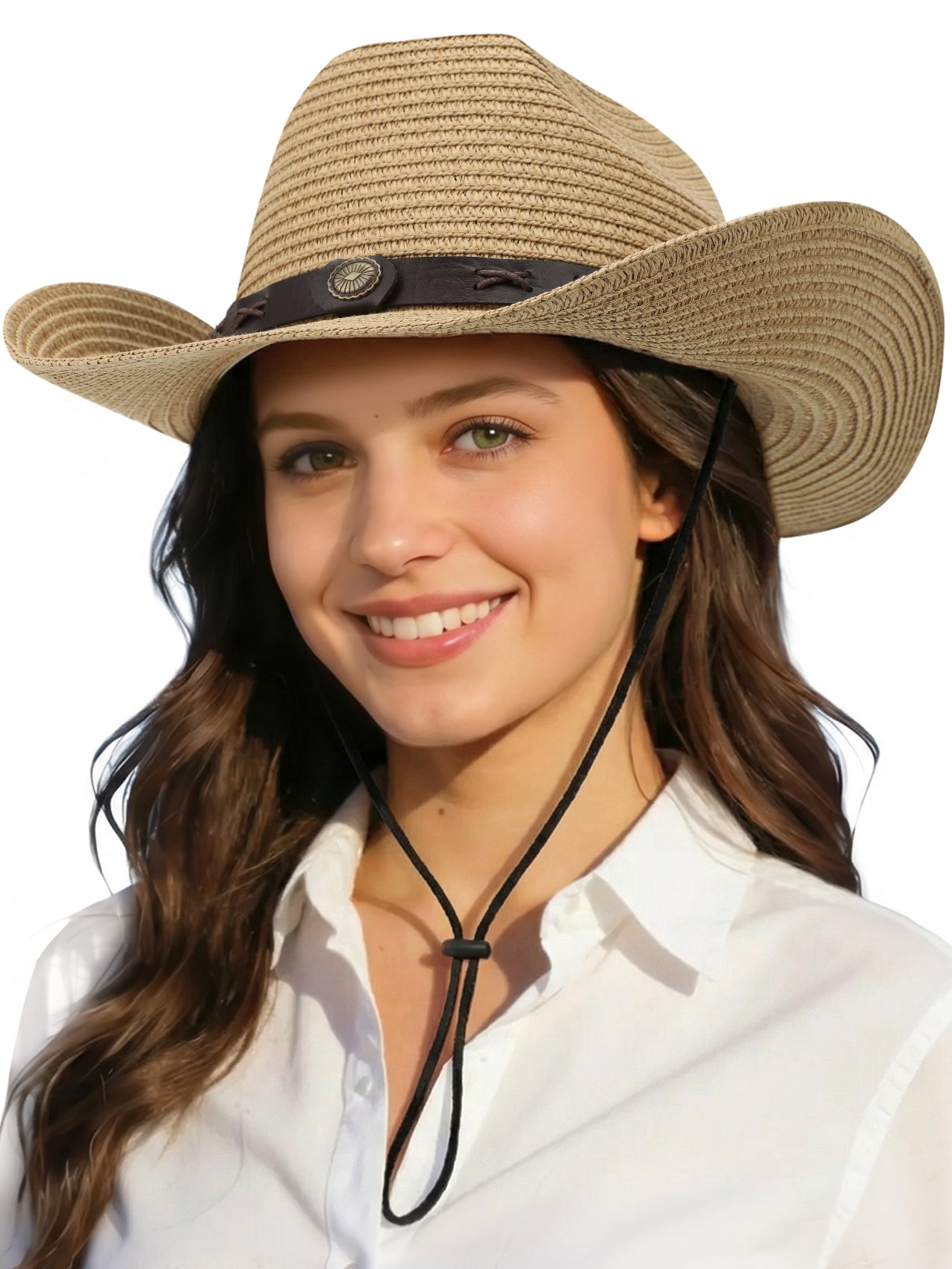 KOITHOT Straw Cowboy Hat for Women Foldable Western Cowgirl Sun Hats for Women with Adjustable Strap, Khaki