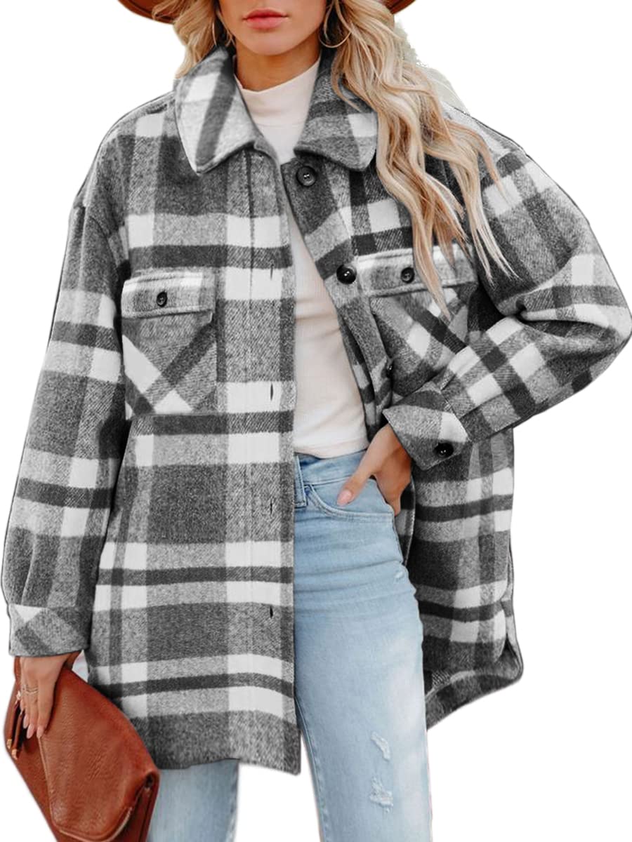Chalesta Womens Button Down Flannel Shirts Long Sleeve Plaid Shackets Casual Jacket Coats with Pockets