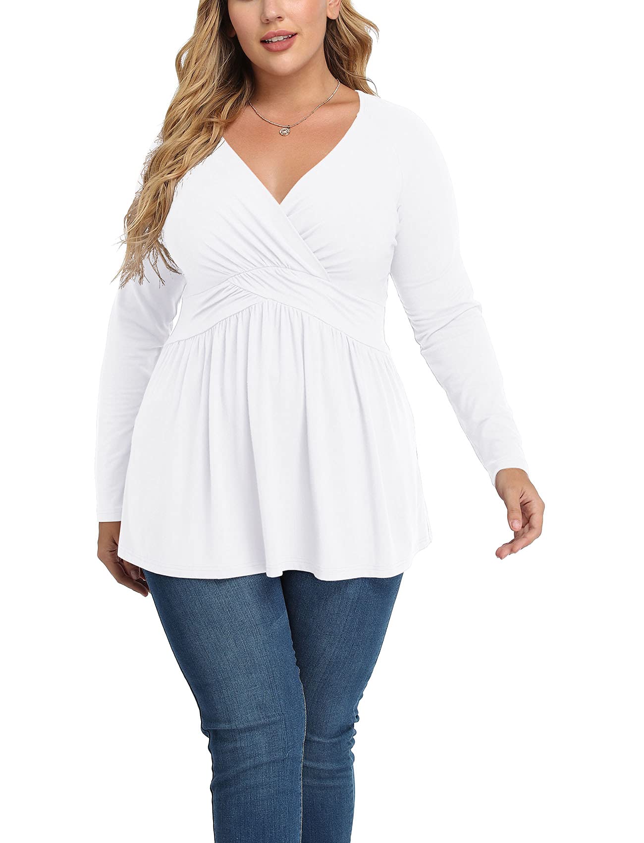 Chalesta Women Plus Size Shirt Long Sleeve Floral Print Tops Pleated Casual V Neck Tunic Top