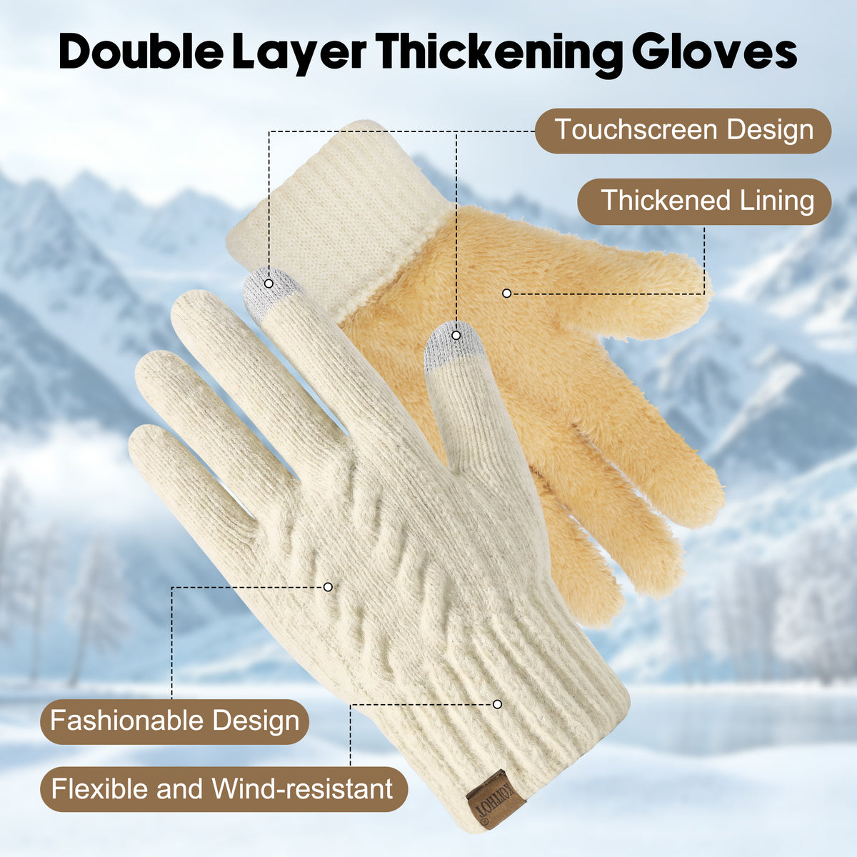 KOITHOT 2 Pairs Winter Gloves for Women Thick Lined Touch Screen Knit Warm Gloves for Cold Weather