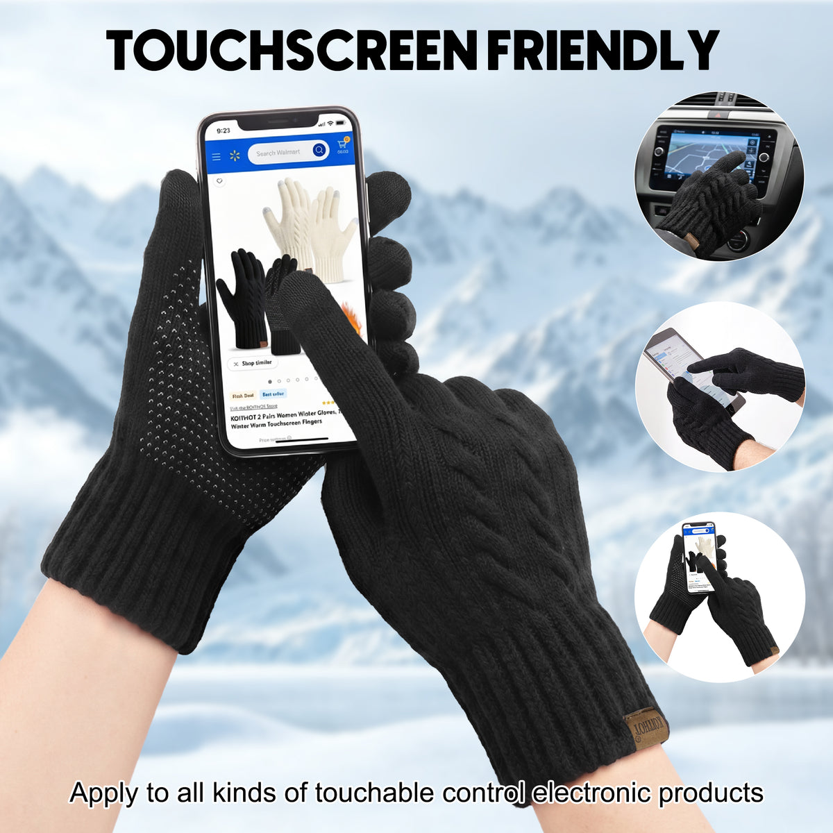 KOITHOT 2 Pairs Winter Gloves for Women Thick Lined Touch Screen Knit Warm Gloves for Cold Weather