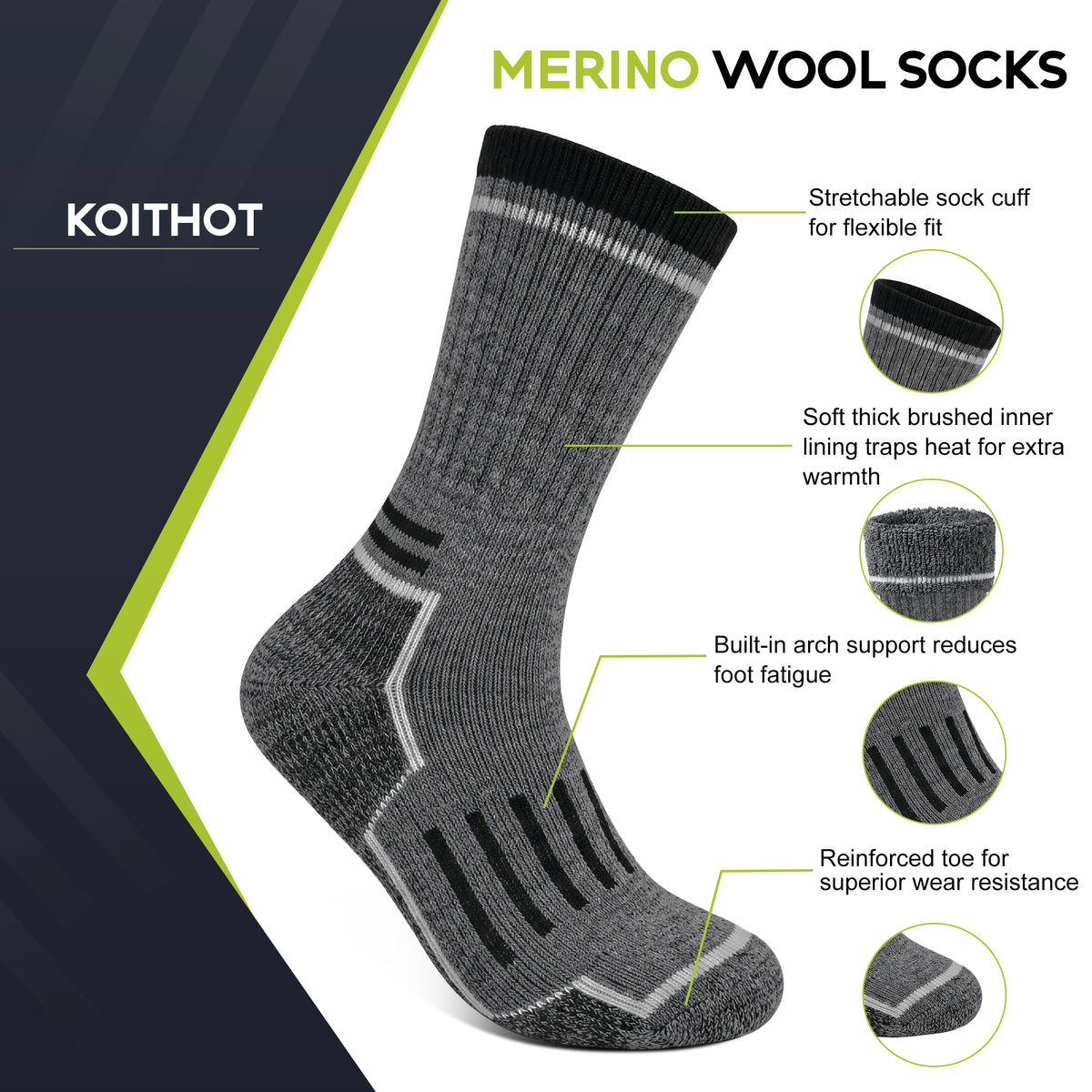 KOITHOT 3 Pack Merino Wool Socks for Men & Women, Cushioned Thermal Winter Boot Crew Hiking Socks