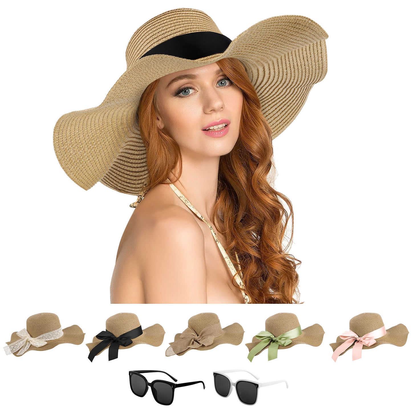 KOITHOT Woman Straw Hat Wide Brim UPF 50+ Women Summer Sun Hats for Beach with Sun Glasses Ribbon Khaki