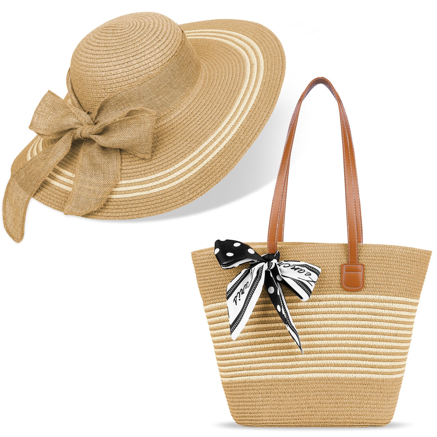 KOITHOT Sun Hat and Tote Bag for Women Wide Brim UPF 50+ Women Summer Straw Hat for Women, Khaki