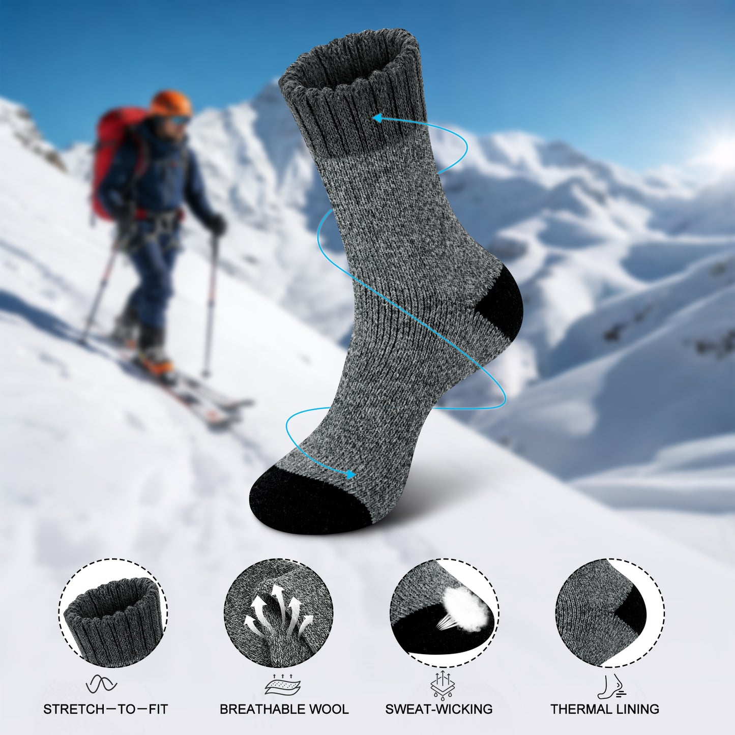 KOITHOT 2 Pairs Men Wool Socks, Thick Warm Thermal Wool Socks For Men, Hiking Winter Socks for Cold Weather