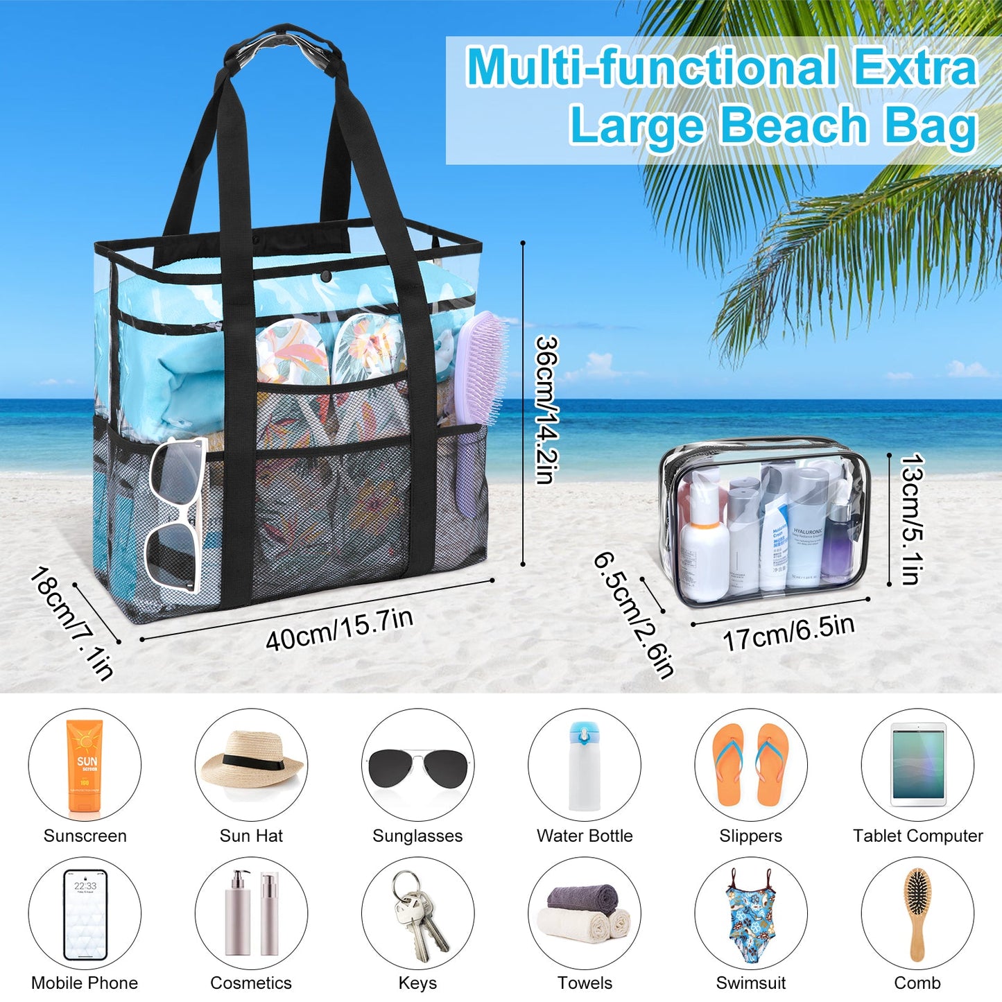 KOITHOT Beach Bag for Women, Large Beach Tote with 10 Pockets and Matching Pouch Clear Waterproof Foldable for Summer Pool Gift