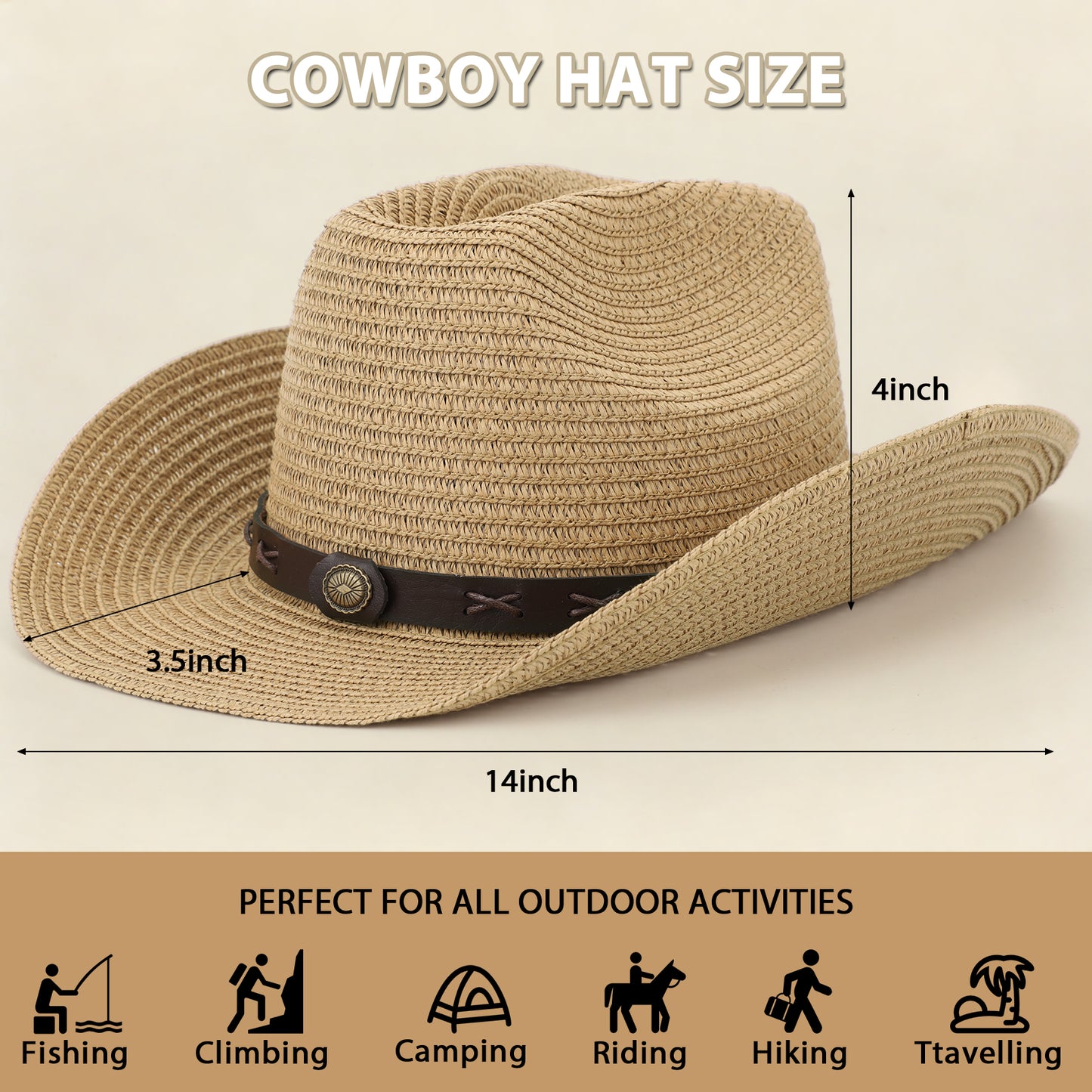 KOITHOT Straw Cowboy Hat for Women Foldable Western Cowgirl Sun Hats for Women with Adjustable Strap, Khaki