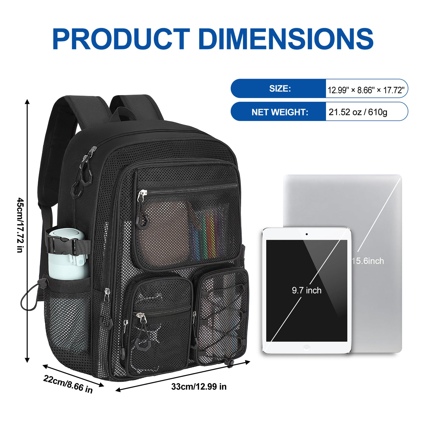 KOITHOT Mesh Backpack Heavy Duty, Stadium Approved Multi-Pocket Beach Backpacks for Adults, See Through Transparent Mesh Bookbag for School & Travel